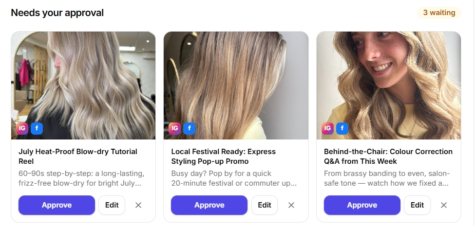Taloa's approval queue — a week of drafted posts and Reels with the salon's own photos and captions, each ready to approve, edit or skip