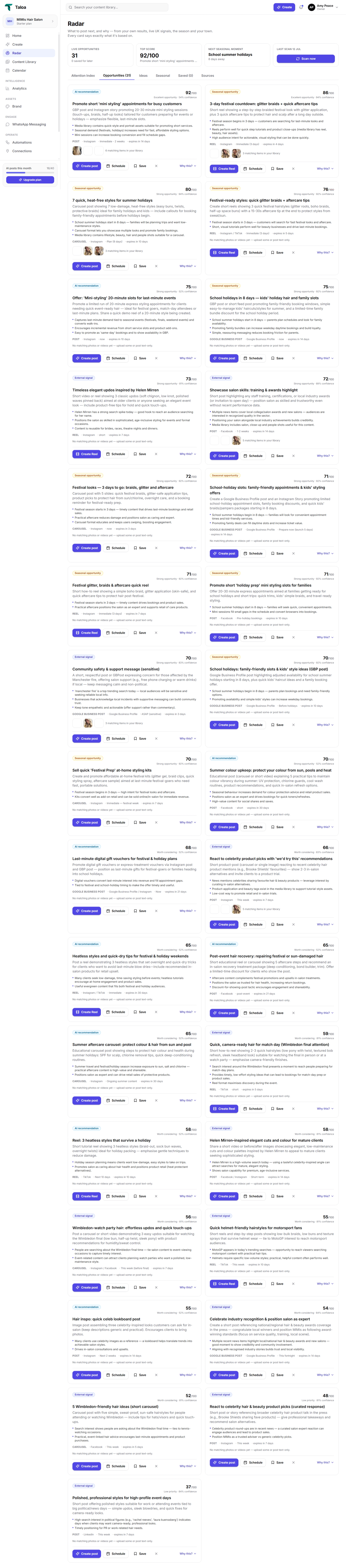 Taloa's Radar — live local and national opportunities scored for your business, each ready to turn into a post